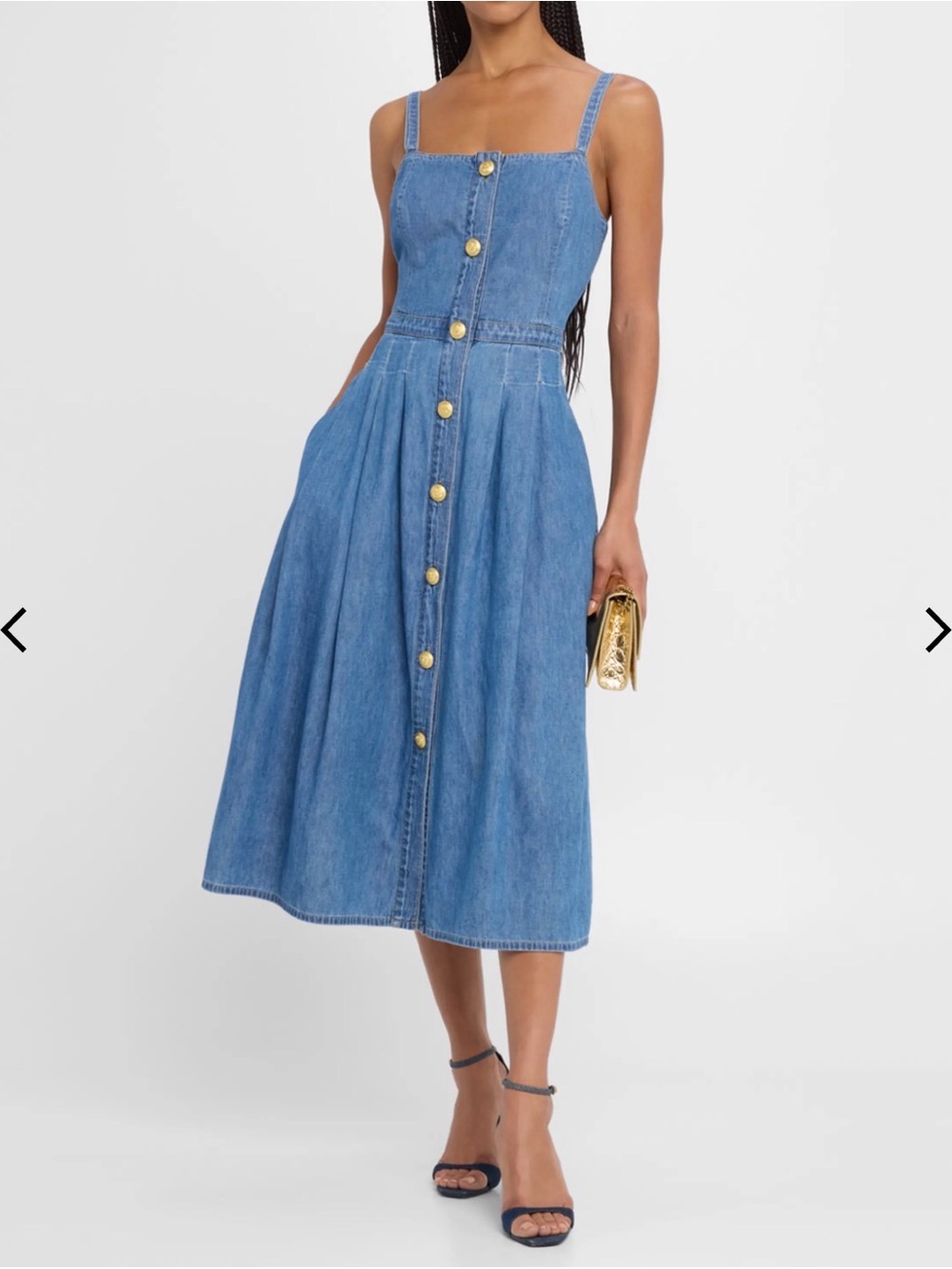 L'AGENCE Esmeralda Blue Denim Button-Front Midi Dress with Gold Buttons
